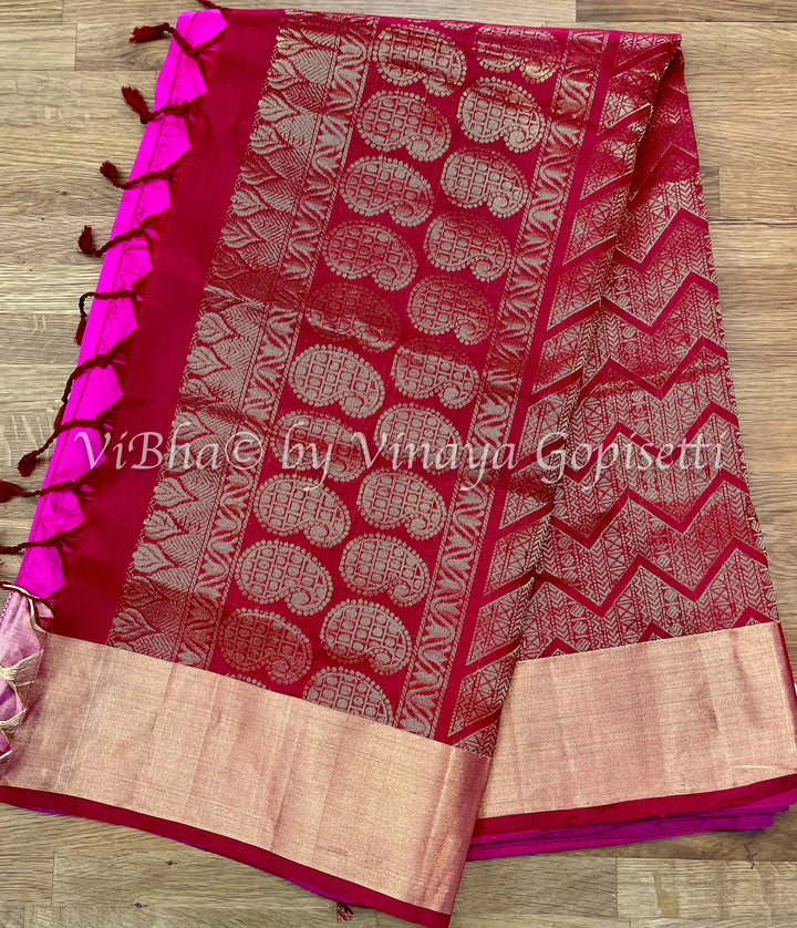 Saree - Maroon Red And Pink (2 Side Border) Kanchi Soft Silk Saree