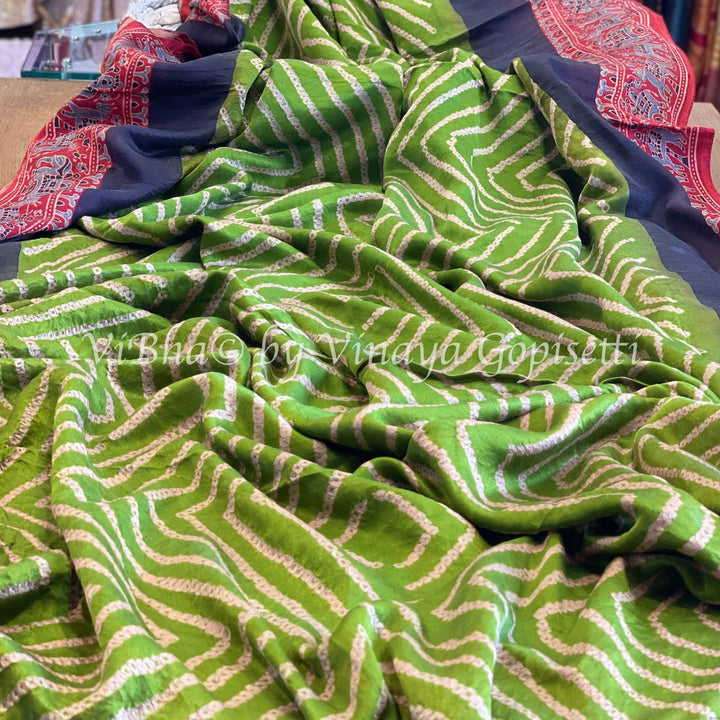 SAREE - Mehendi Green Pure Gaji Silk Ajrakh Bandhani