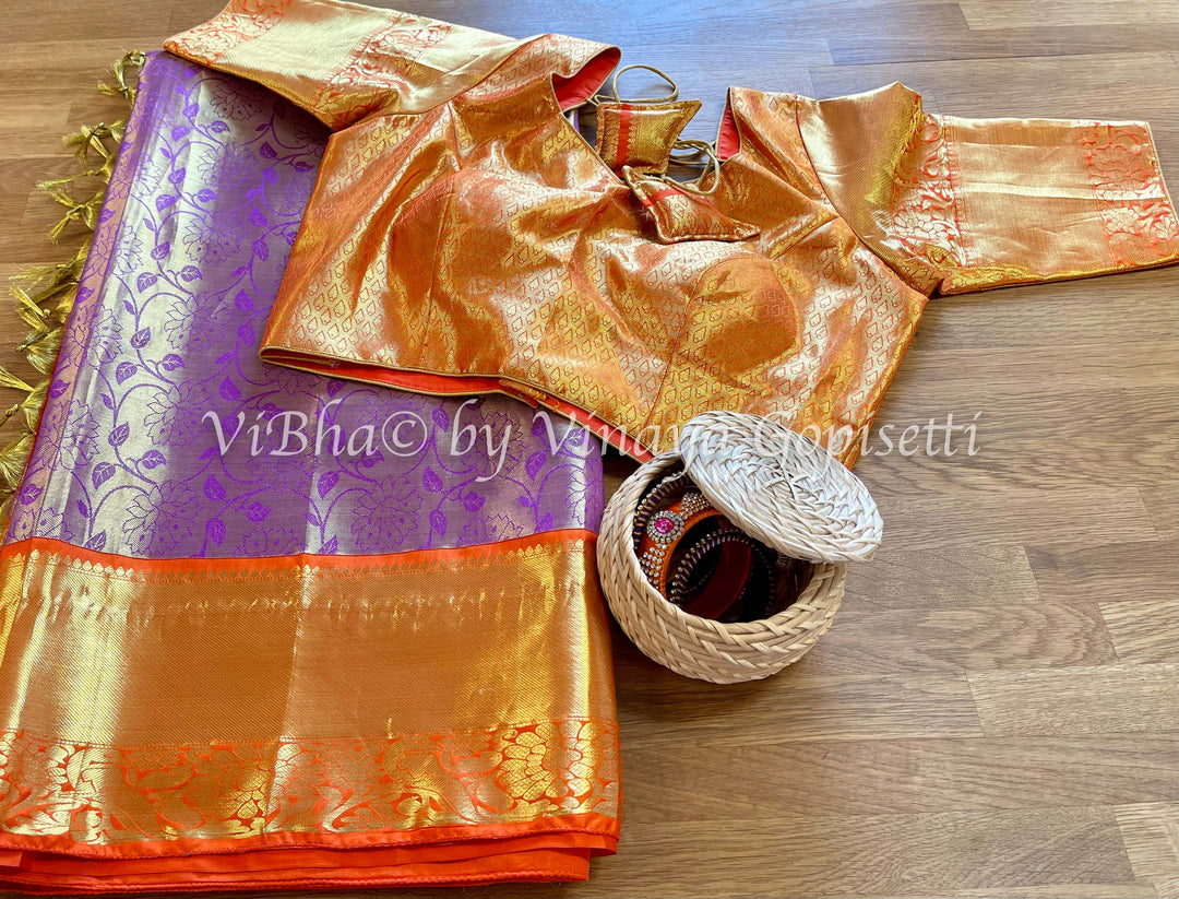 Saree - Purple And Orange Floral Kanjivaram Saree