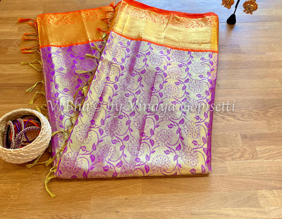 Saree - Purple And Orange Floral Kanjivaram Saree