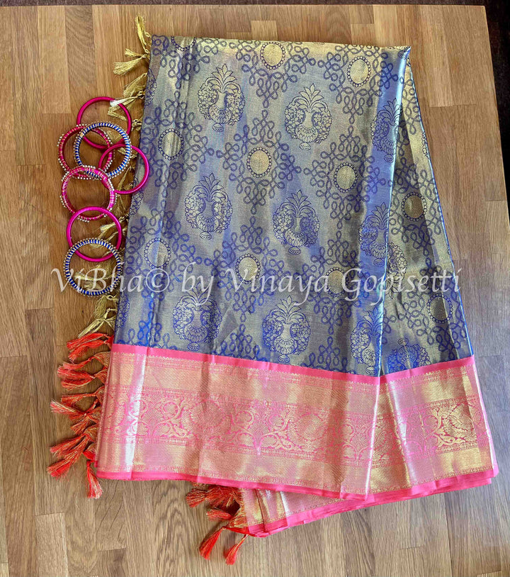 Saree - Tissue Gold And Blue Zari Rangoli With Peach Pink Kanjivaram Saree