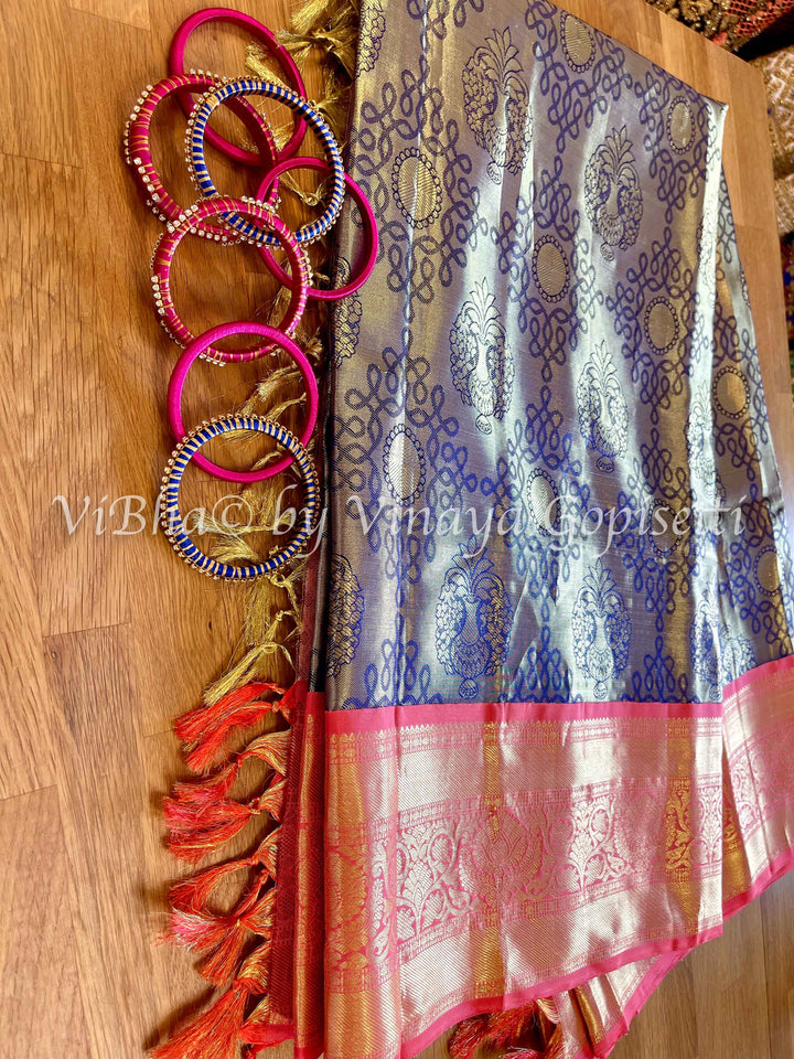 Saree - Tissue Gold And Blue Zari Rangoli With Peach Pink Kanjivaram Saree