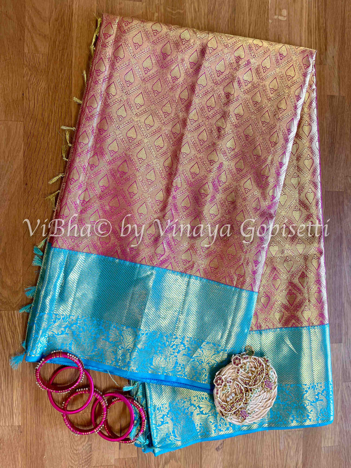 Saree - Tissue Pattu - Pink & Skyblue Kanjivaram Saree
