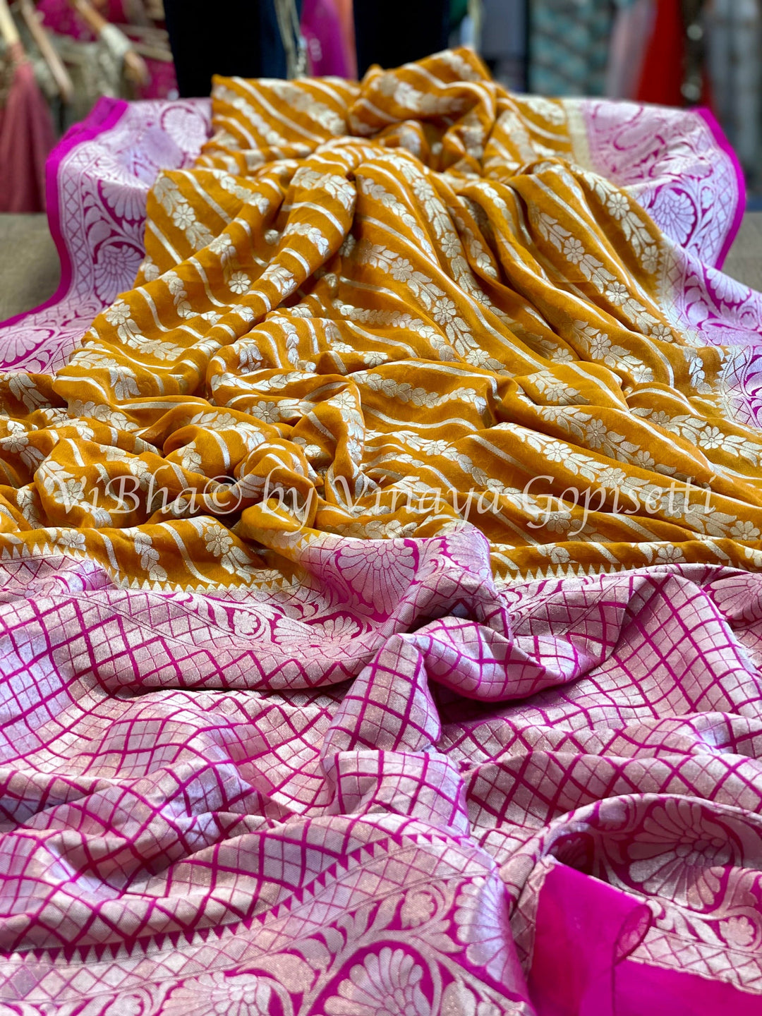 Saree - Yellow And Pink Benares Georgette Jaal Weave Saree