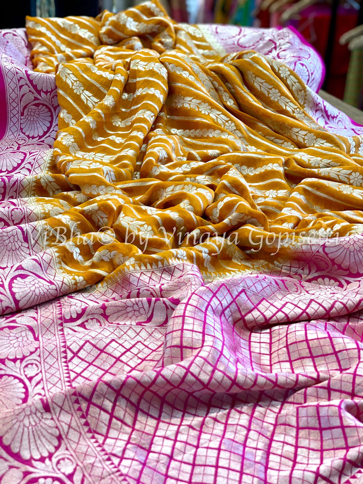 Saree - Yellow And Pink Benares Georgette Jaal Weave Saree