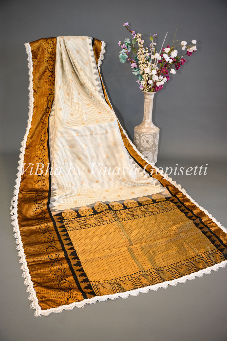 Sarees - Black And White Gadwal Silk Saree And Blouse With Embroidered Lace Borders