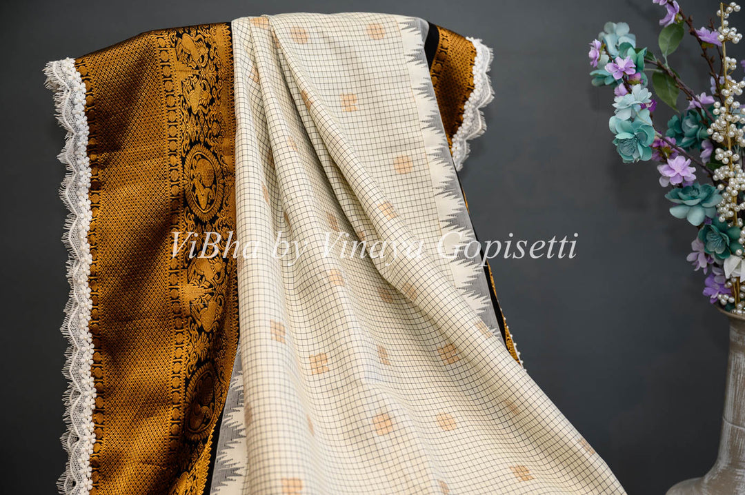 Sarees - Black And White Gadwal Silk Saree And Blouse With Embroidered Lace Borders