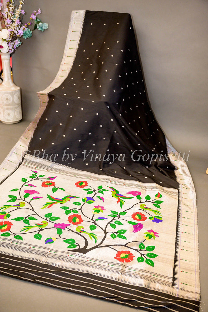 Sarees - Black Silver Zari Paithani Silk Saree With Single Muniya And Floral Design Pallu