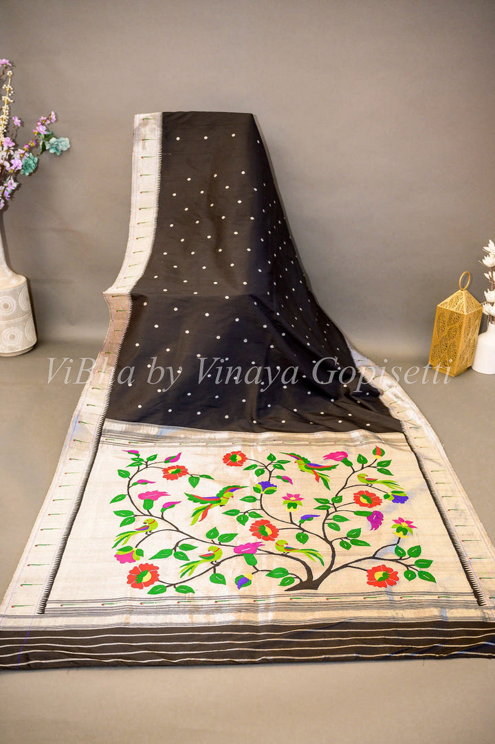 Sarees - Black Silver Zari Paithani Silk Saree With Single Muniya And Floral Design Pallu