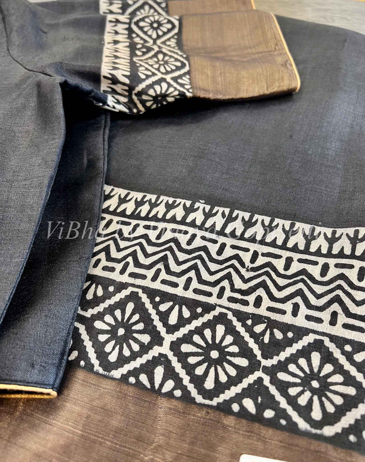 Sarees - Black & White Worli Style Tussar Silk Block Print Saree