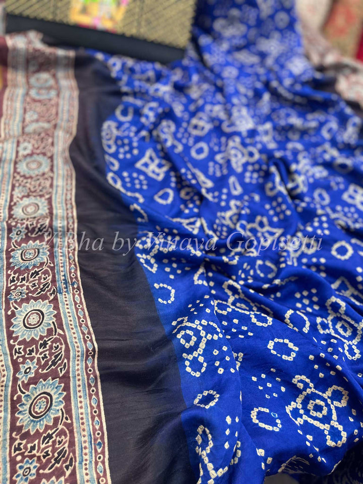 Sarees - Blue & Brown Pure Gaji Ajrakh Bandhani Silk Saree