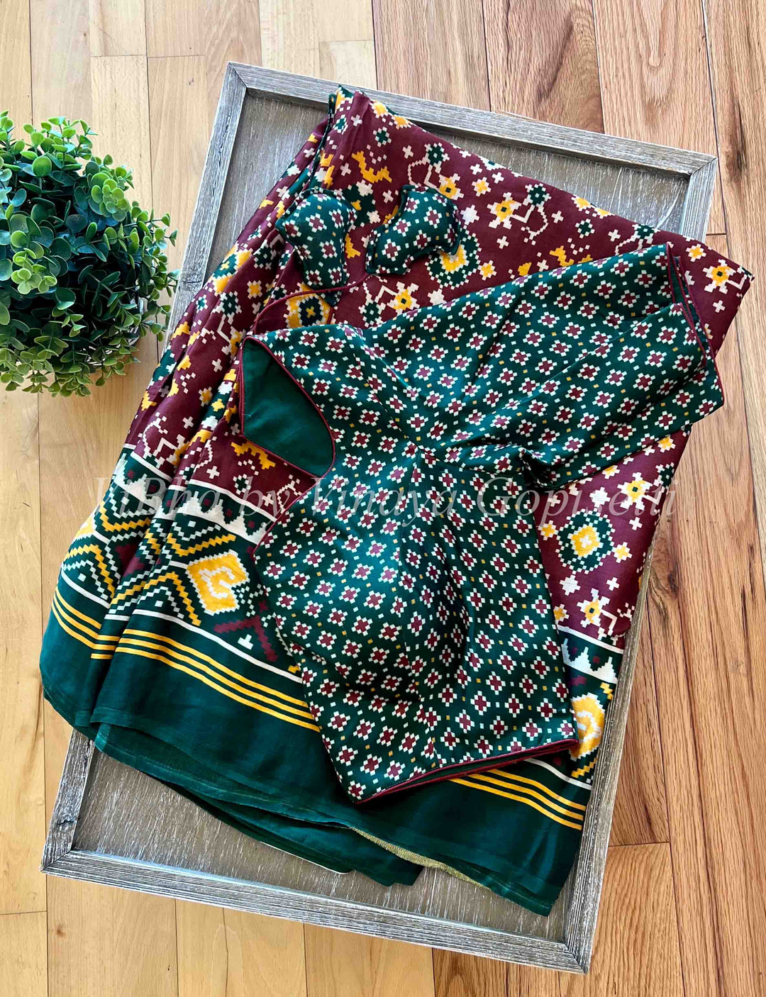Sarees - Brown And Green Modal Silk Patola Print Saree