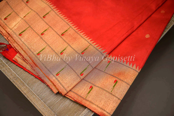 Sarees - Chilli Red Paithani Silk Saree With Triple Muniya And Lotus Flower Design Pallu