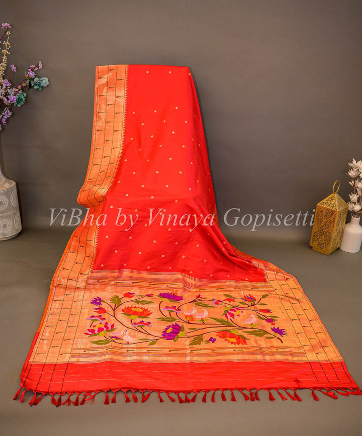 Sarees - Chilli Red Paithani Silk Saree With Triple Muniya And Lotus Flower Design Pallu