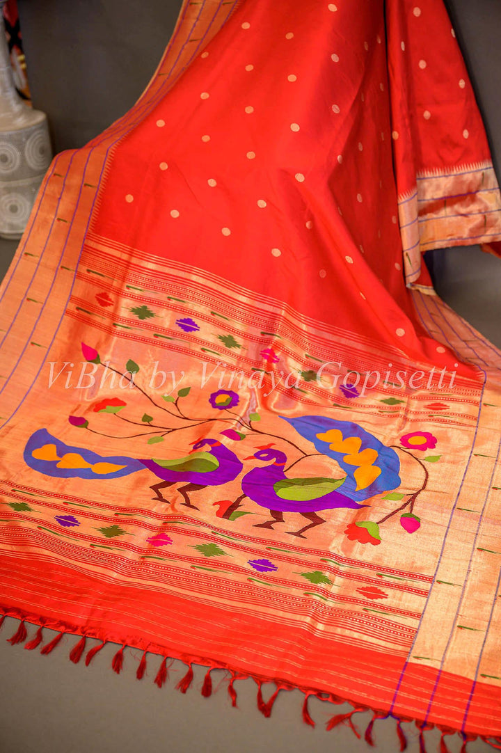 Sarees - Chilli Red Paithani Silk Saree With Triple Muniya And Mor Pallu