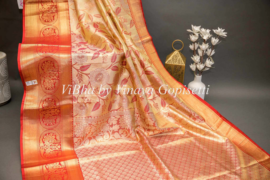 Sarees - Cloud Cream Gold With Red Borders Tissue Kanchi Silk Saree