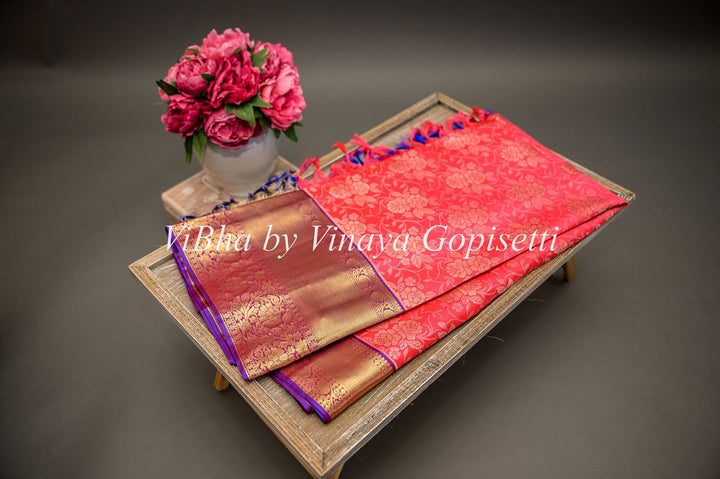 Sarees - Coral And Purple Kanchi All Over Design Silk Saree