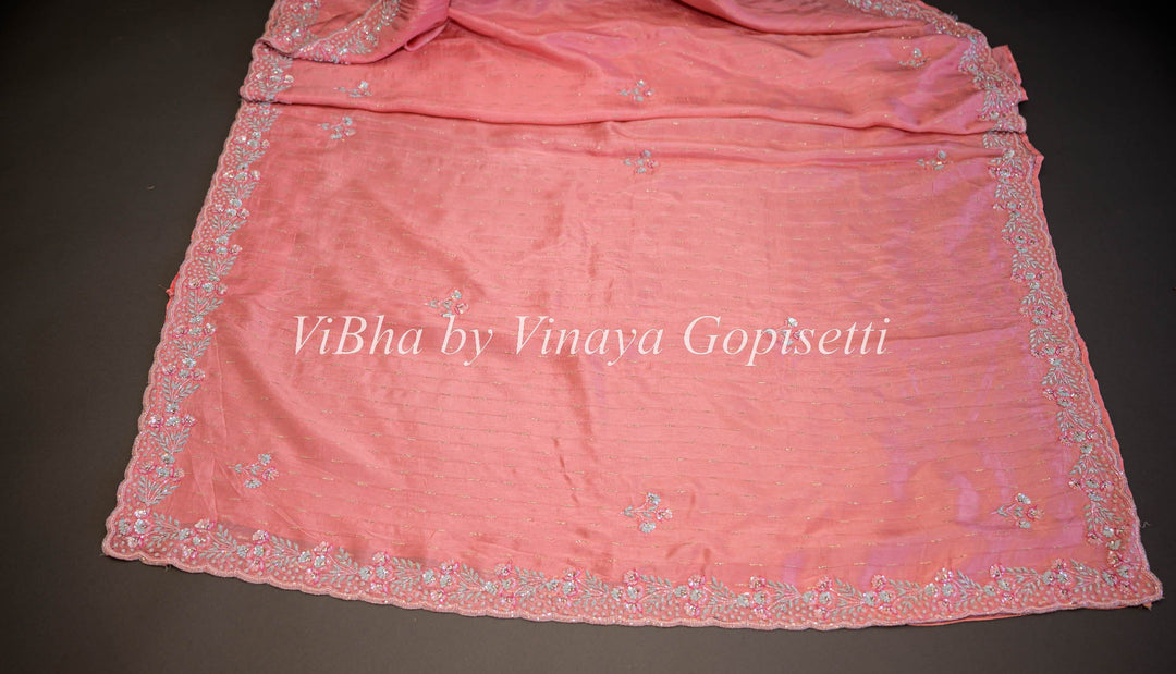 Sarees - Dark And Light Peach Pink Silk Saree And Blouse With Embroidery