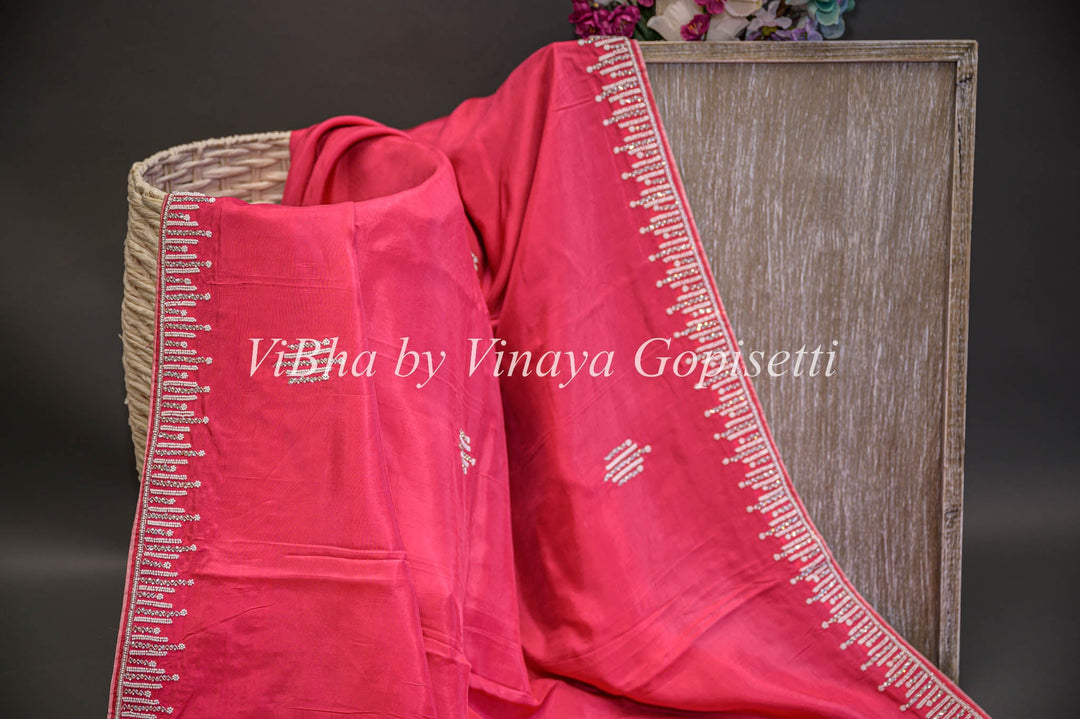Sarees - Dark And Light Shade Coral Saree And Blouse With Embroidery