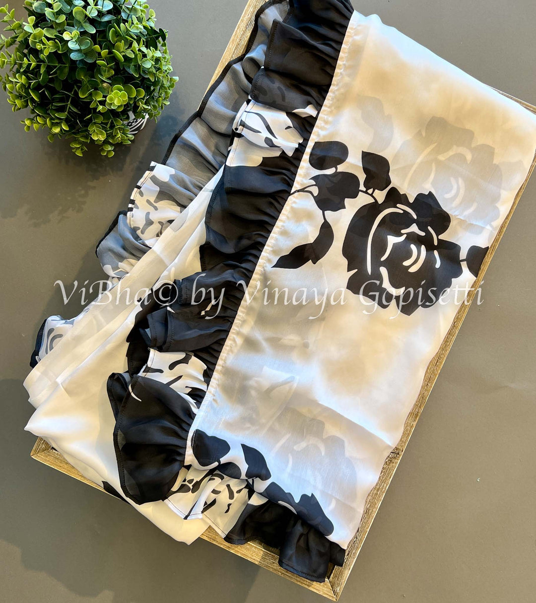 Sarees - Floral Black And White Satin Crepe Ruffle Saree
