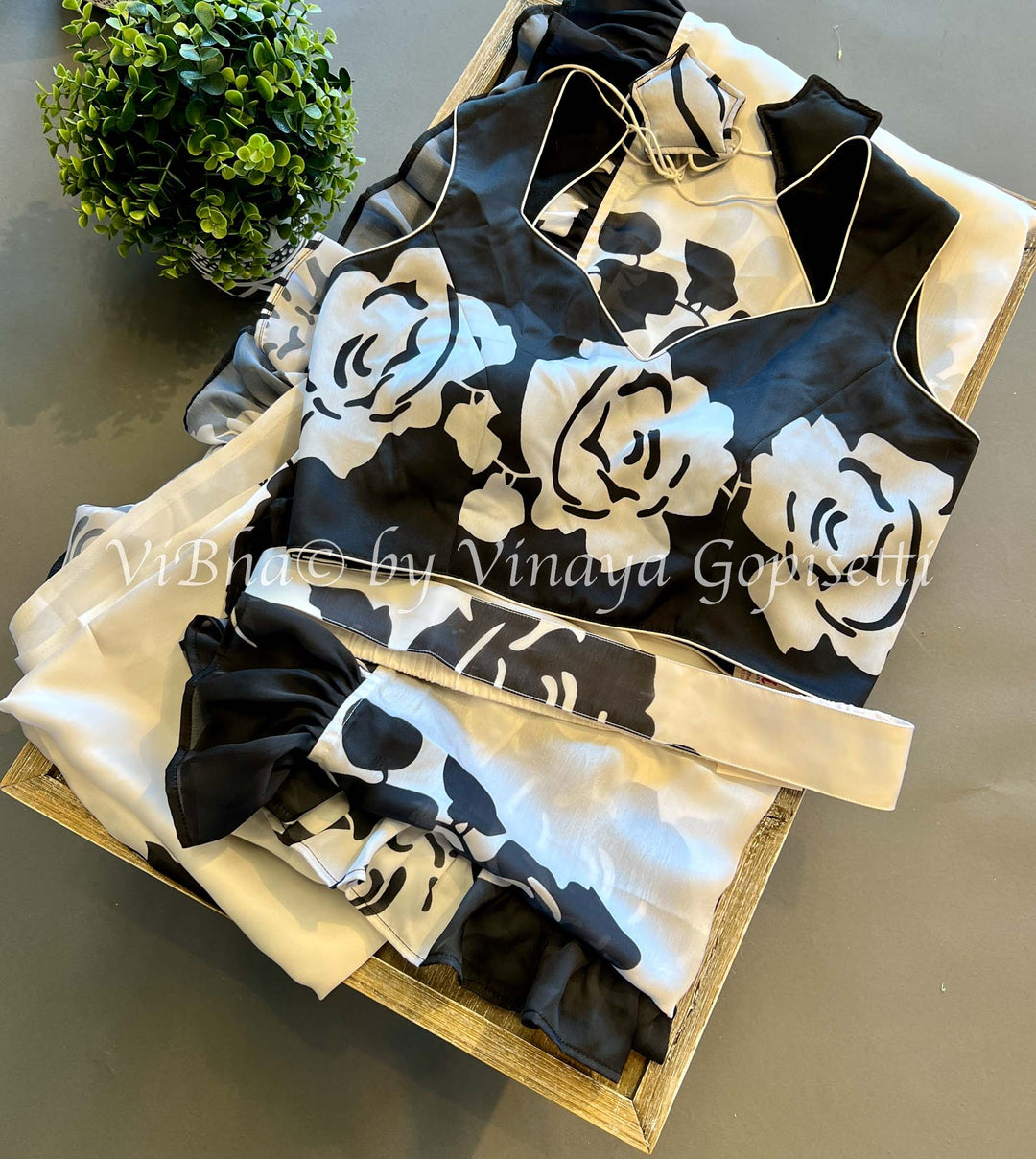 Sarees - Floral Black And White Satin Crepe Ruffle Saree