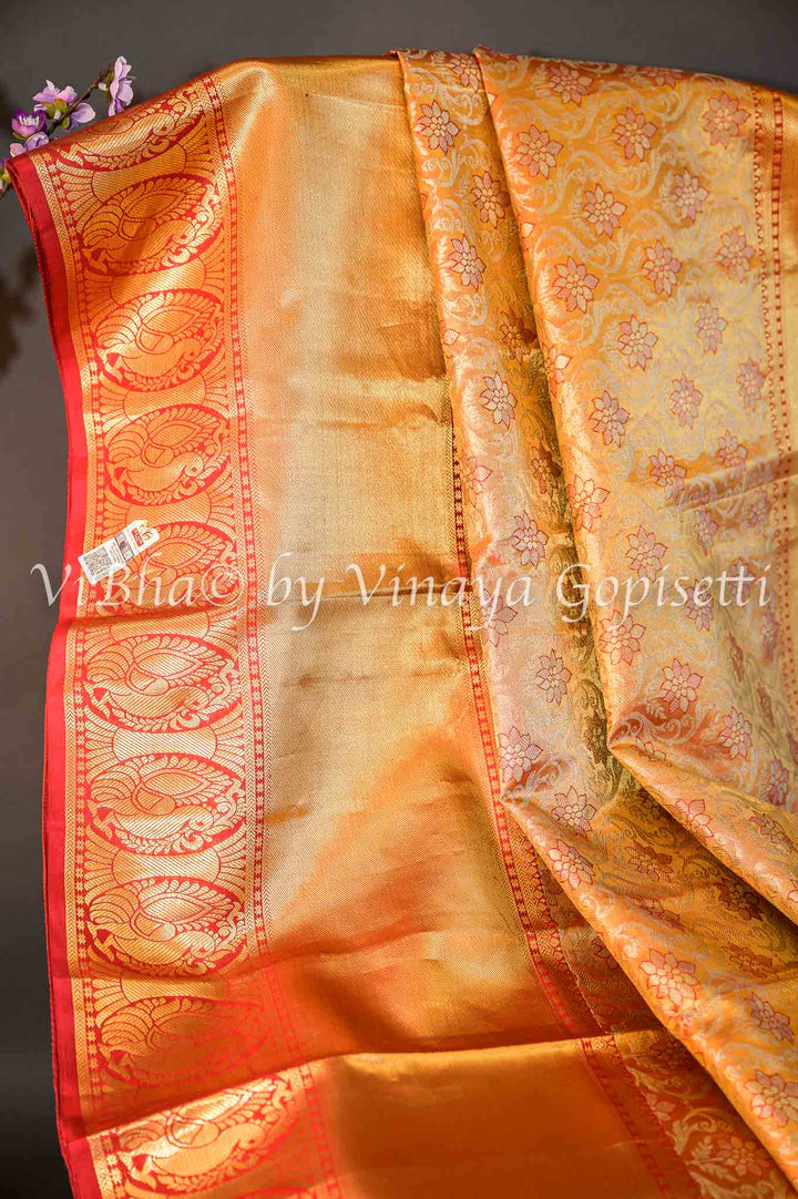 Sarees - Gold Tissue All Over Design With Red Borders Kanchi Silk Saree