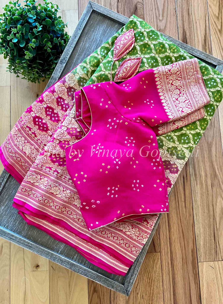 Sarees - Green And Light Pink Bandhani Georgette Saree