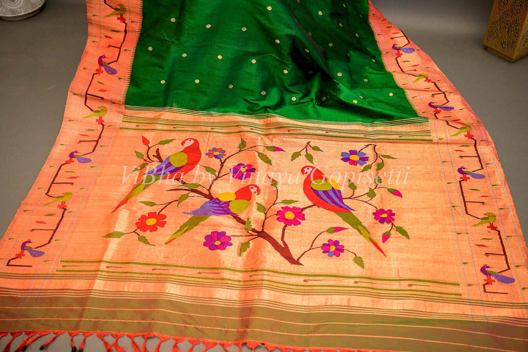 Sarees - Green Paithani Silk Saree With Brocket Border And Manuiya Pallu