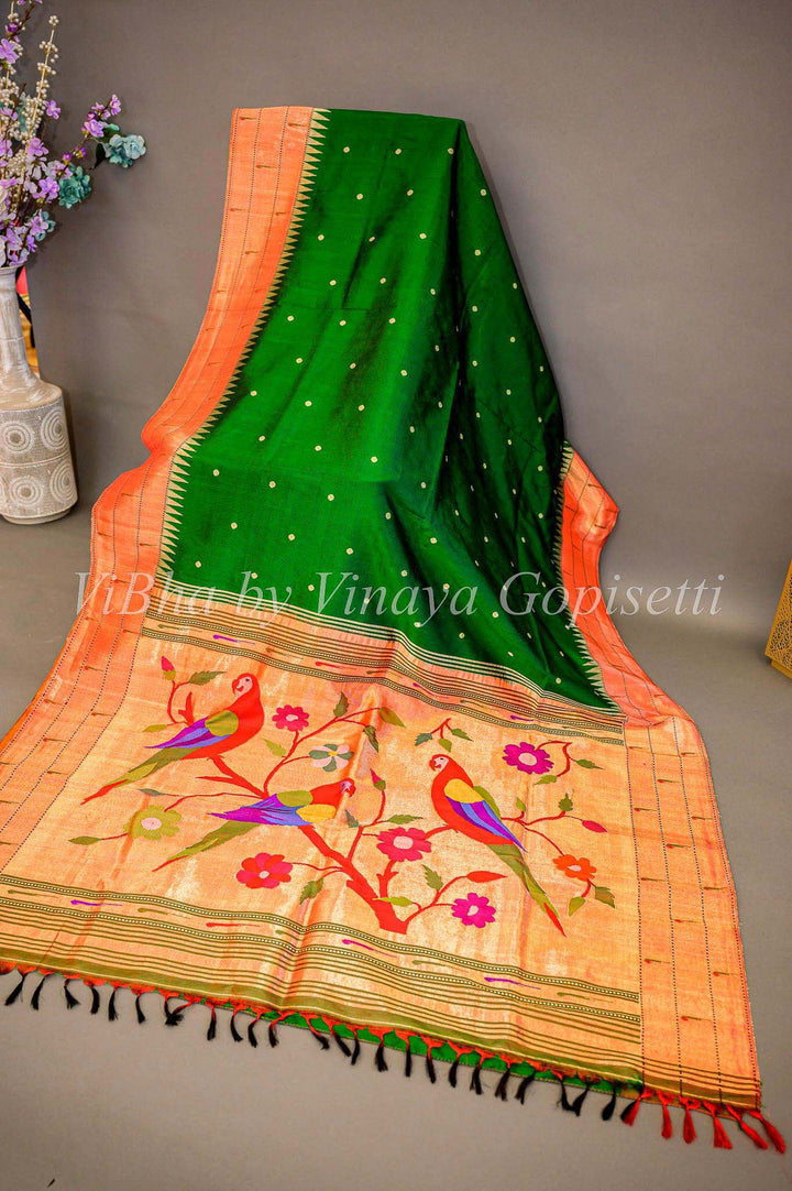 Sarees - Green Paithani Silk Saree With Triple Muniya Border And Muniya Pallu