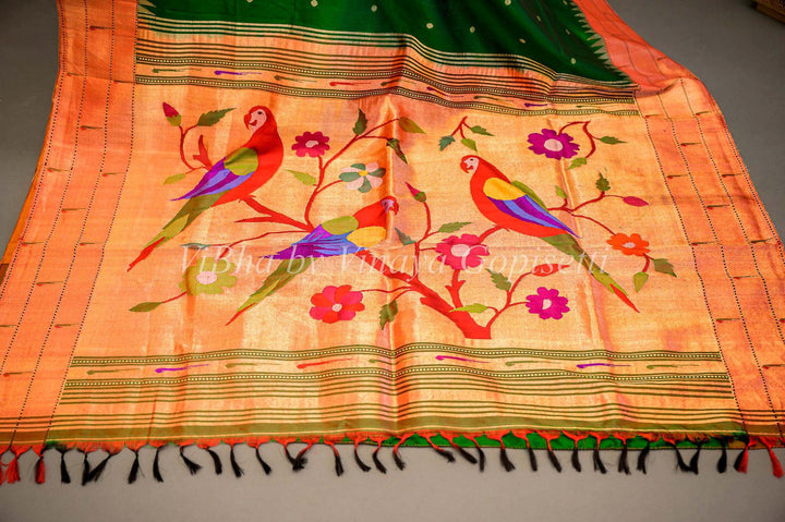 Sarees - Green Paithani Silk Saree With Triple Muniya Border And Muniya Pallu