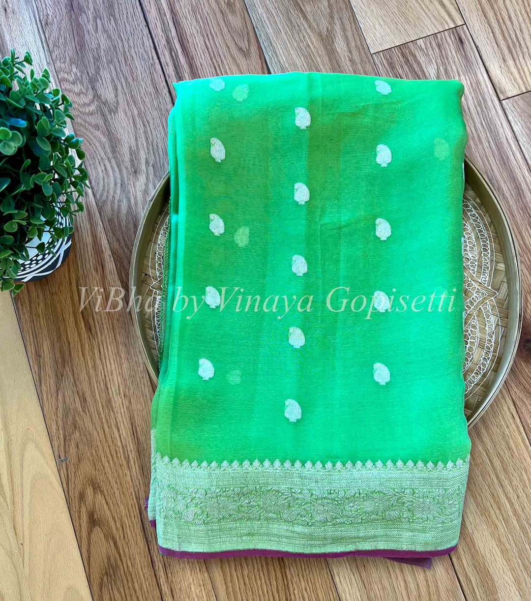Sarees - Green & Pink Banarasi Chiffon Silk Saree