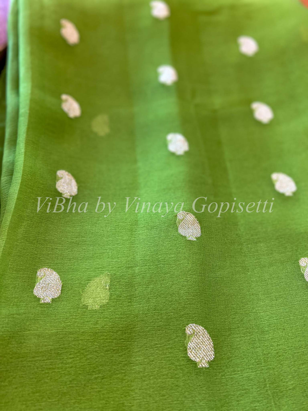 Sarees - Green & Pink Banarasi Chiffon Silk Saree