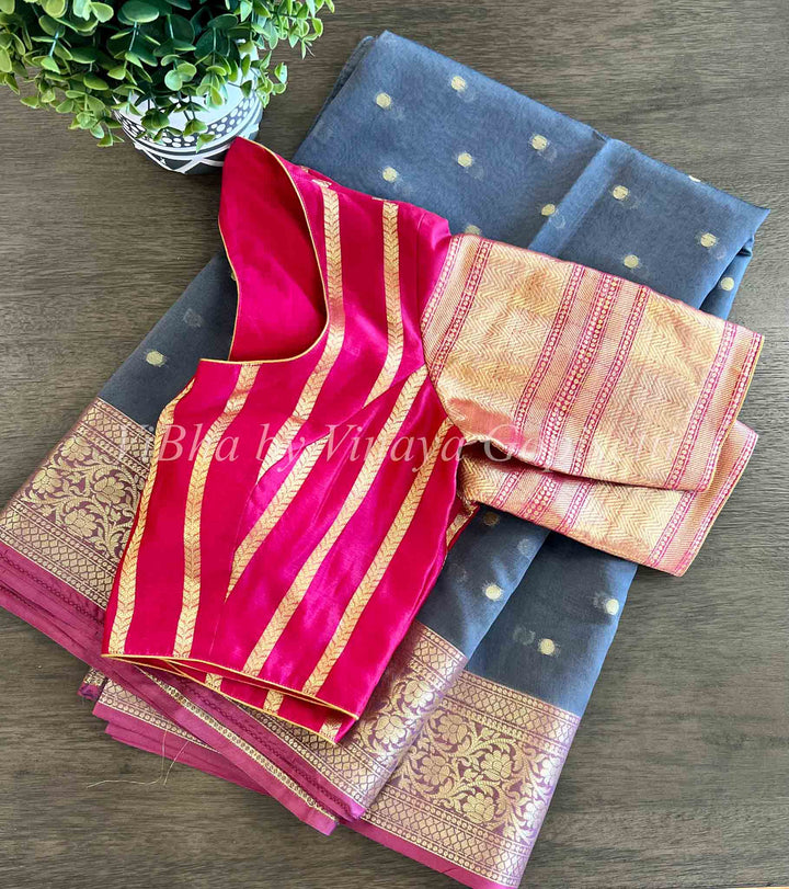 Sarees - Grey And Hot Pink Banarasi Cora Silk Saree