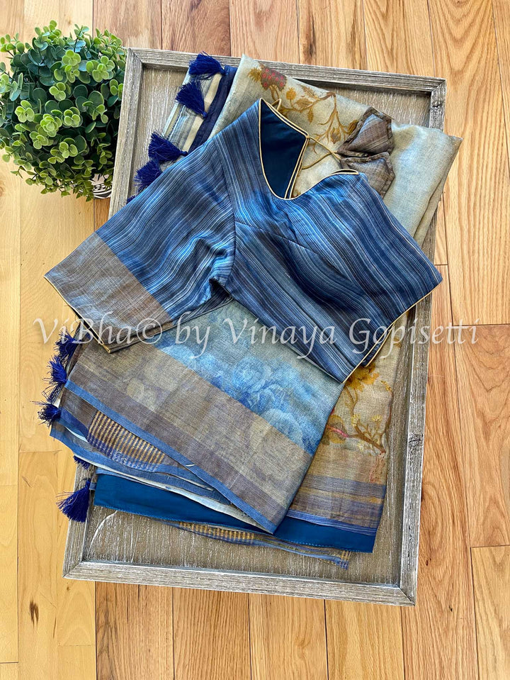 Sarees - Grey & Light Blue Floral Tussar Silk Block Print Saree