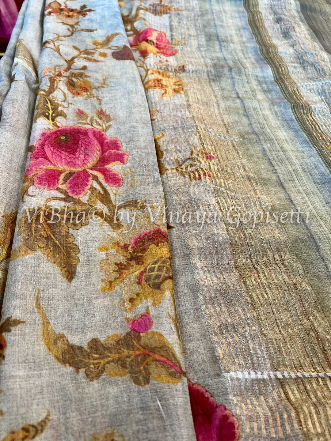 Sarees - Grey & Light Blue Floral Tussar Silk Block Print Saree