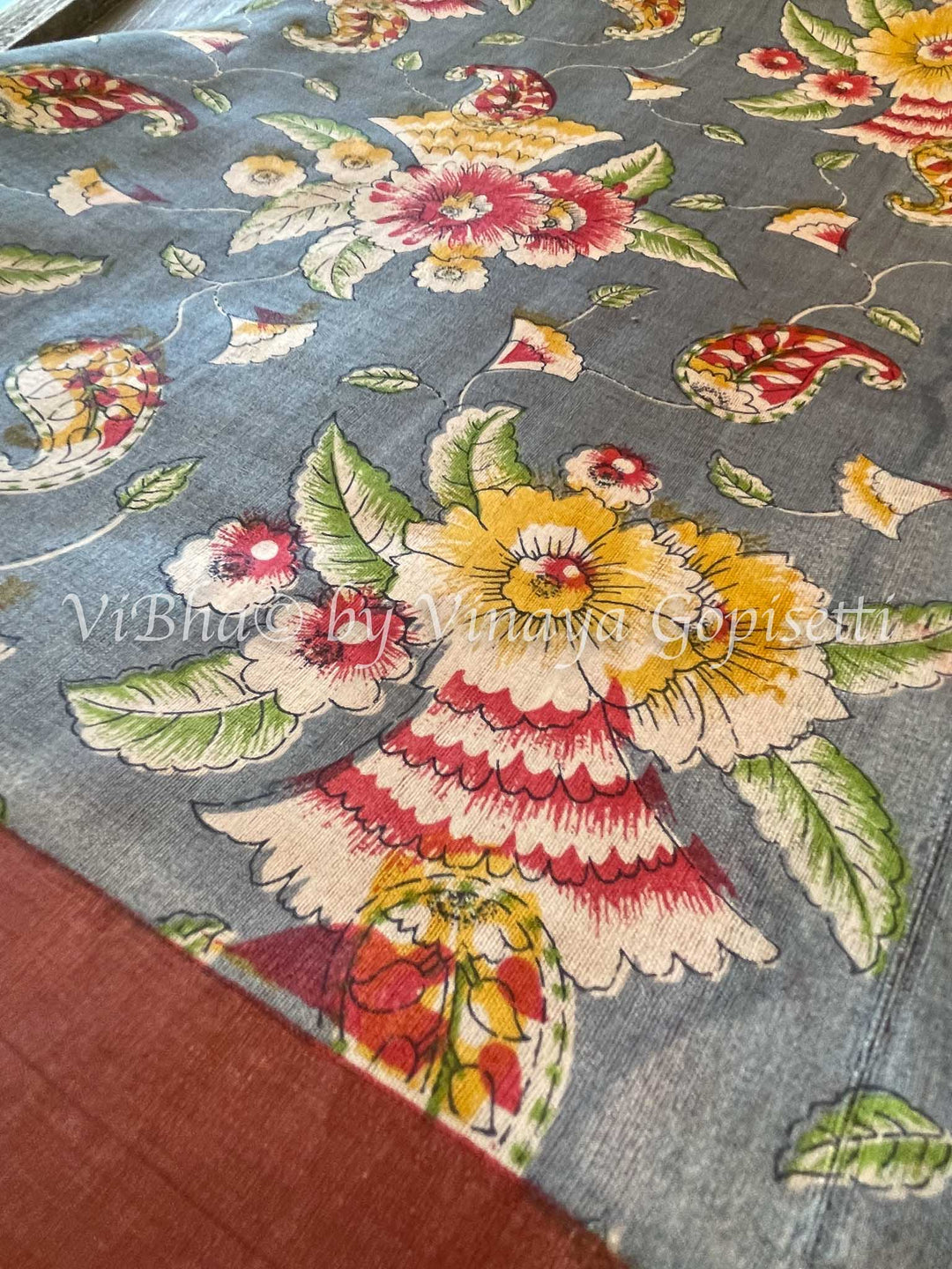 Sarees - Grey & Maroon Red - Yellow Floral Tussar Silk Block Print Saree