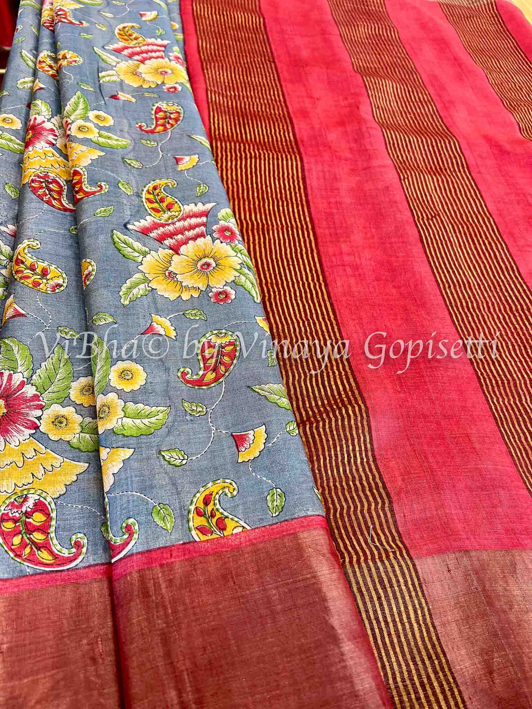 Sarees - Grey & Maroon Red - Yellow Floral Tussar Silk Block Print Saree