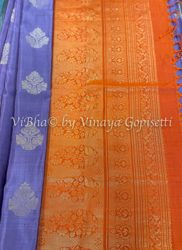 Sarees - Lavender And Orange Kaddi Border Kanchi Soft Silk Saree