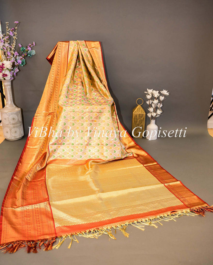 Sarees - Light Gold Tissue With Meenakari Work And Maroon Red Kanchi Silk Saree
