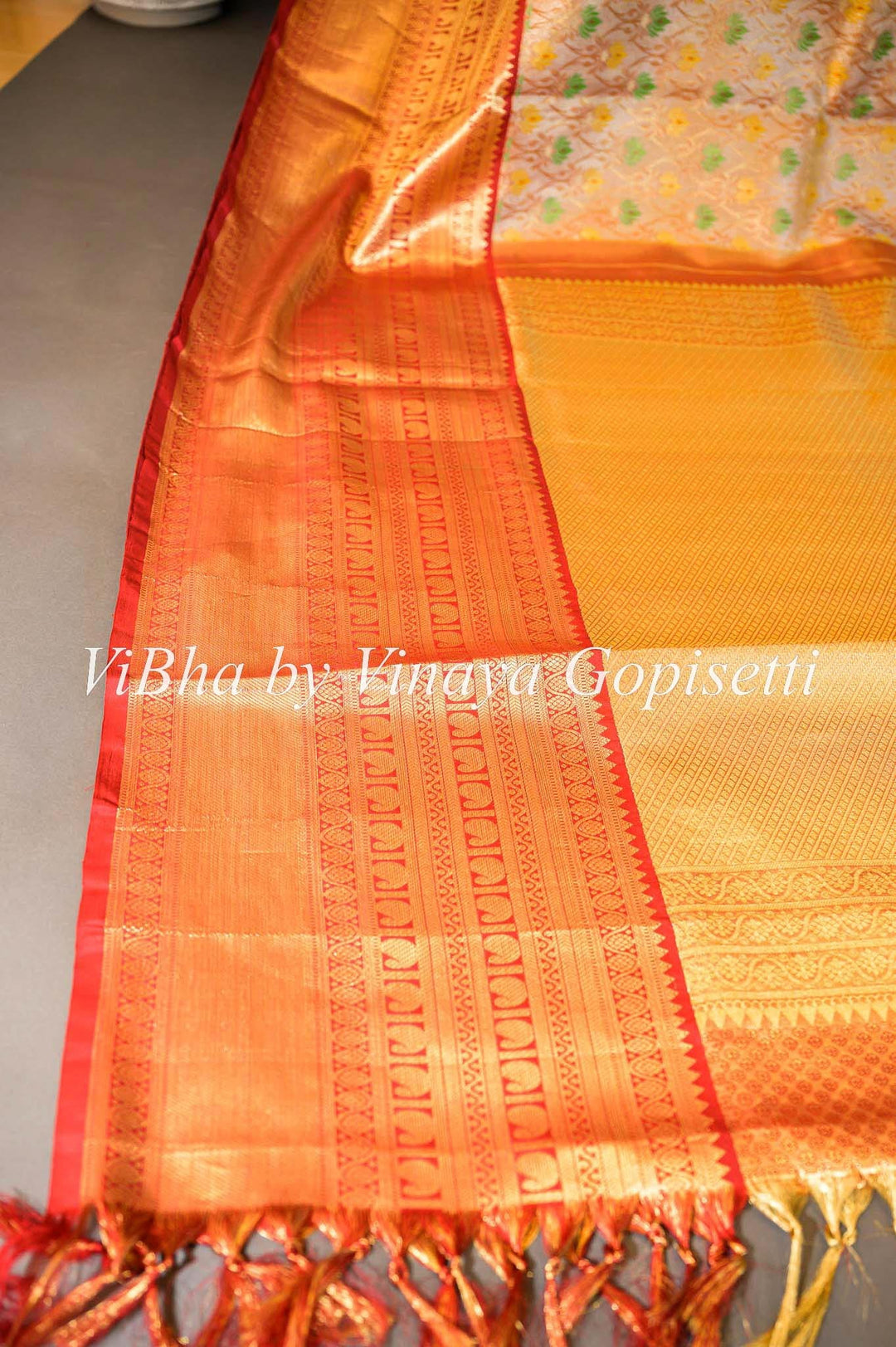 Sarees - Light Gold Tissue With Meenakari Work And Maroon Red Kanchi Silk Saree