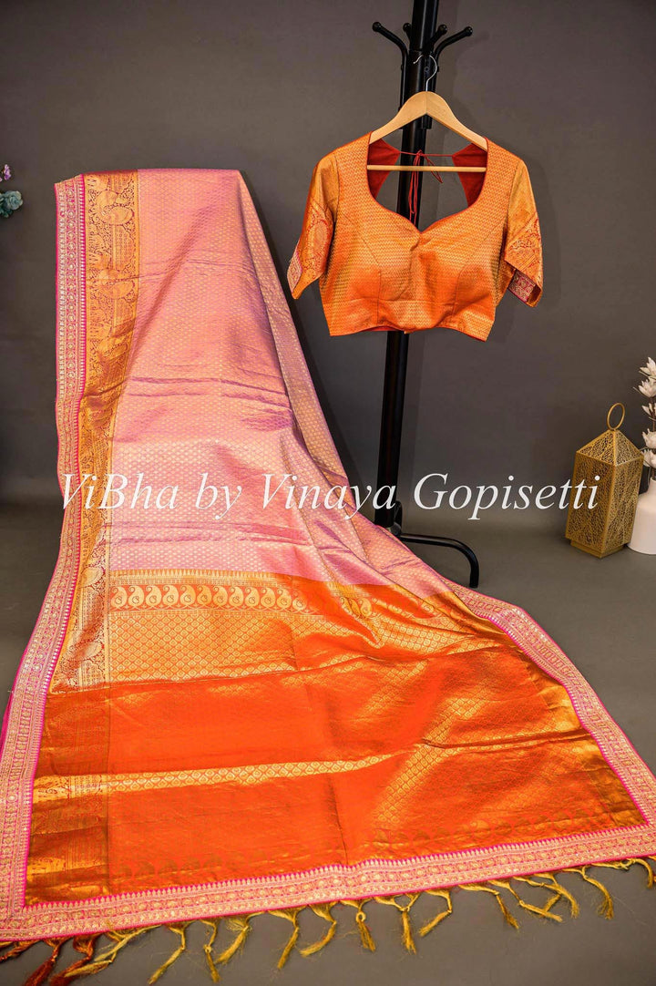 Sarees - Light Pink And Red Kanchi Silk Saree With Embroidered Borders