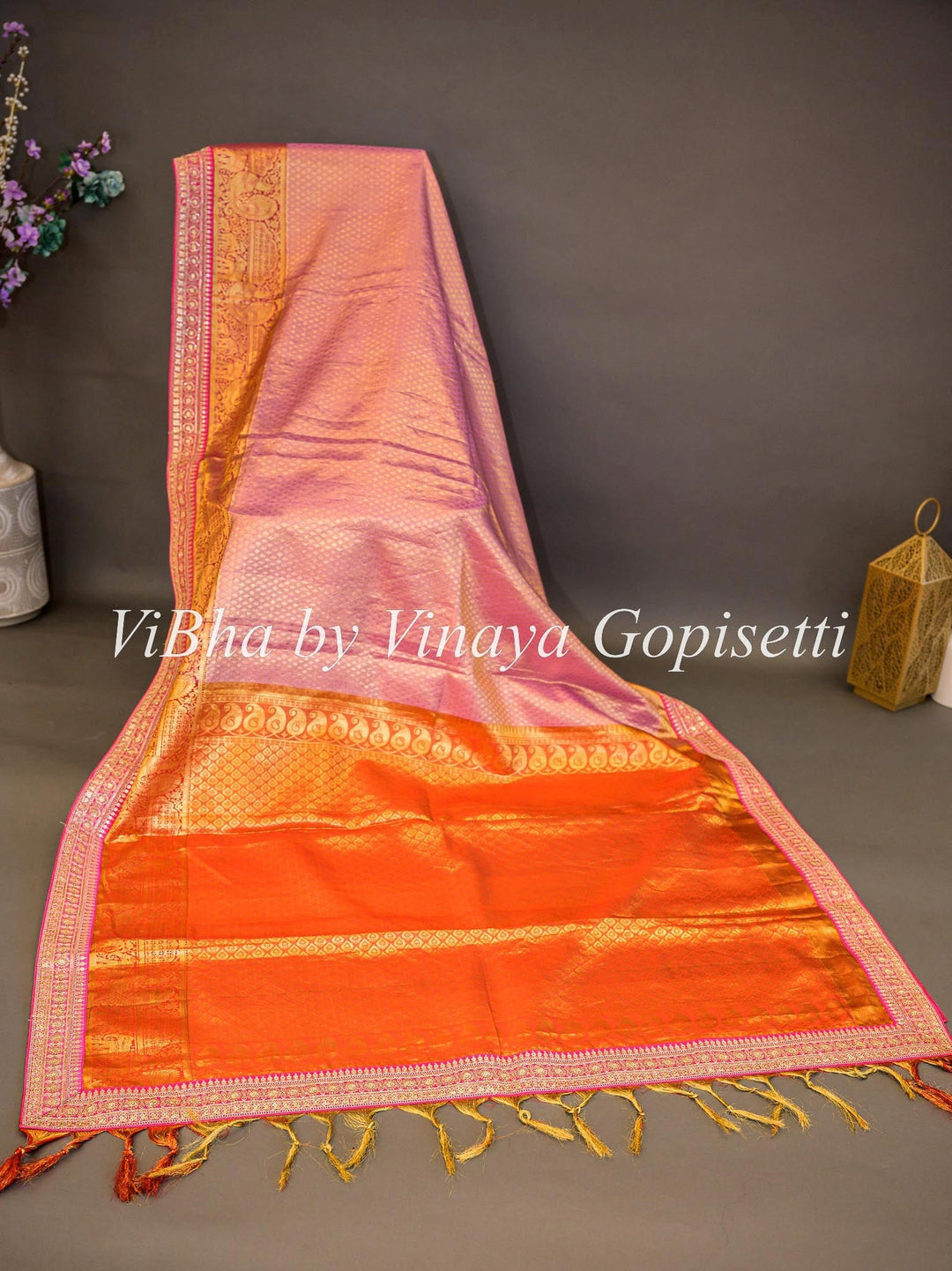 Sarees - Light Pink And Red Kanchi Silk Saree With Embroidered Borders
