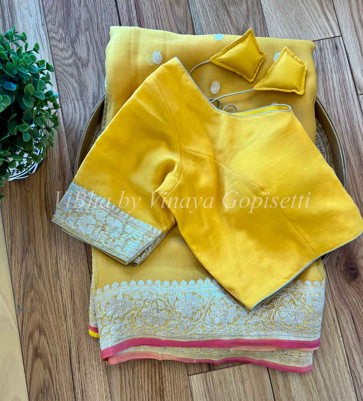 Sarees - Light Yellow & Peach Banarasi Chiffon Silk Saree