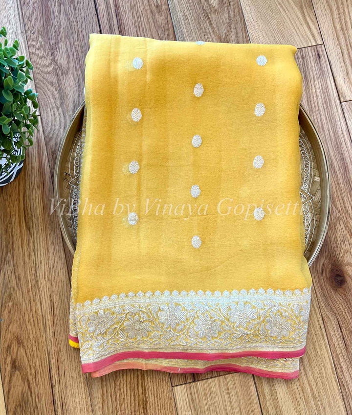 Sarees - Light Yellow & Peach Banarasi Chiffon Silk Saree
