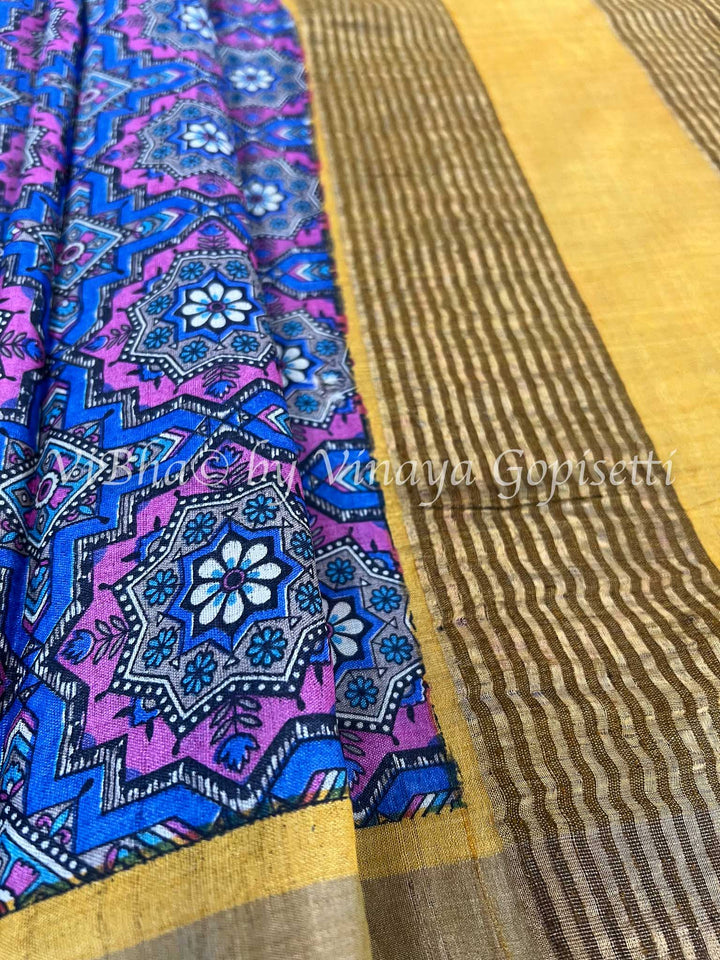 Sarees - Lilac And Yellow Tussar Silk Block Print Saree