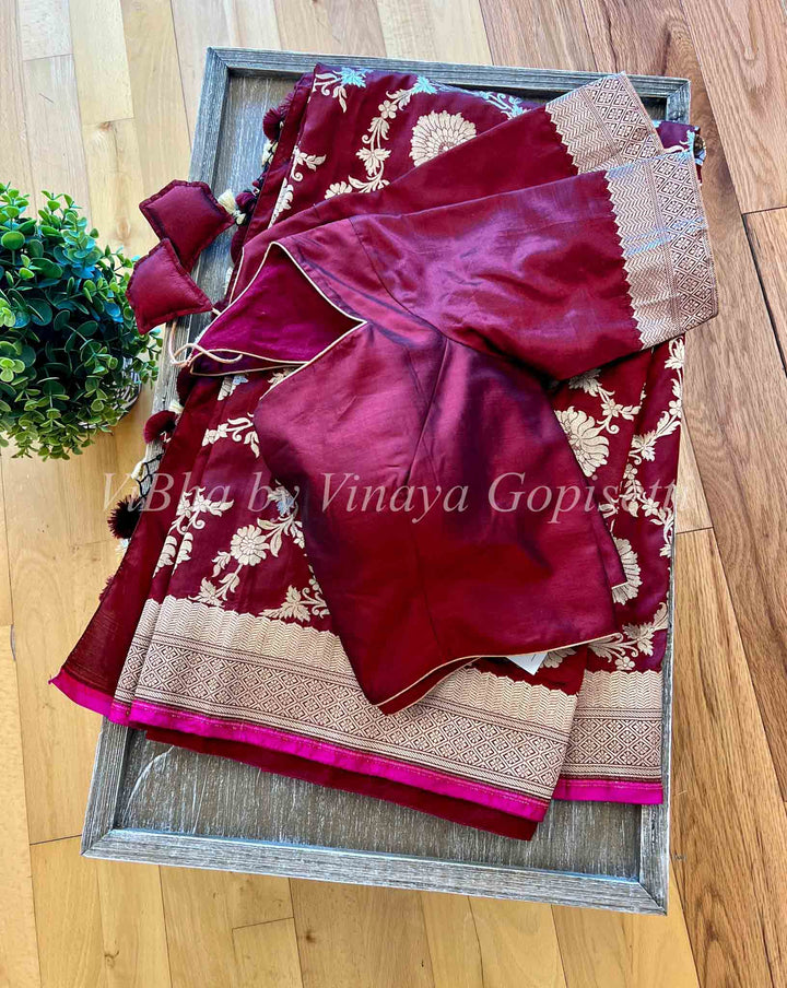 Sarees - Maroon All Over Floral Jungla Weave Banarasi Saree