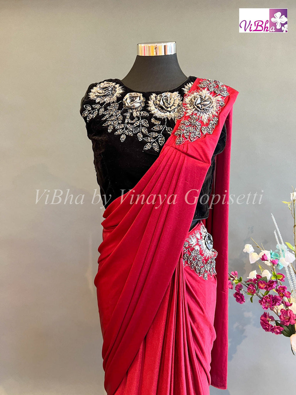 Sarees - Maroon Red And Black Pre Pleated Saree