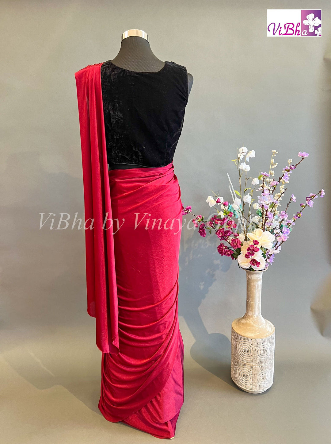 Sarees - Maroon Red And Black Pre Pleated Saree