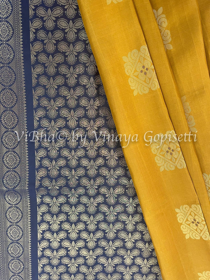 Sarees - Mustard Yellow And Blue Borderless Kanchi Soft Silk Saree