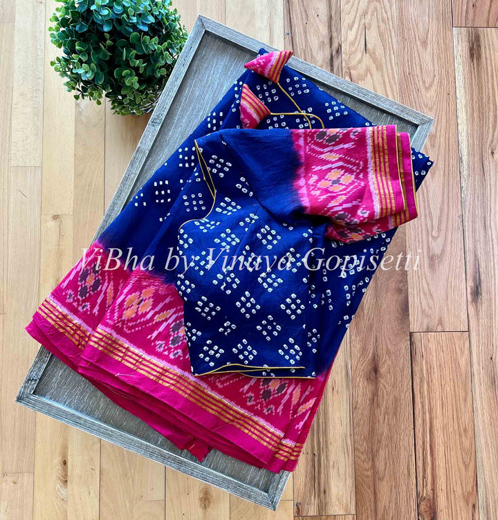 Sarees - Navy Blue And Pink Patola Bandhej Silk Saree